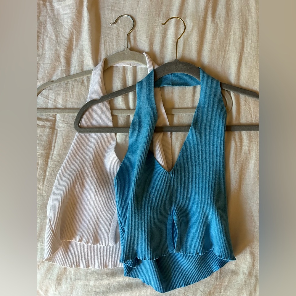 Pack of two cotton ribbed cropped halter tanks